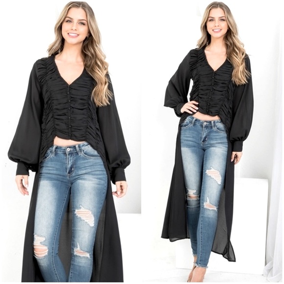 BLACK RUCHED HI-LO BUTTON DETAIL TOP - Picture 2 of 3